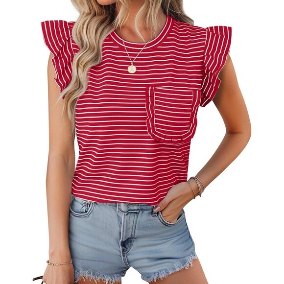 Women's Summer Striped T-Shirt Ruffle Short Sleeve Crew Neck Casual Blouse - Picture 2 of 6